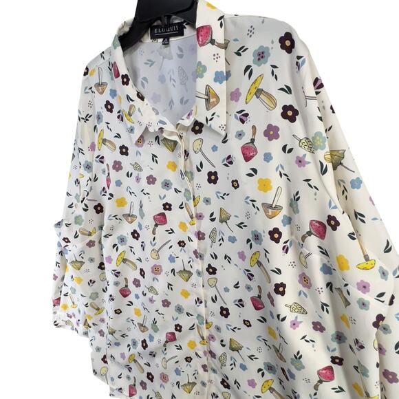 Eloquii Blouse Size 26 White Multicolor Mushroom Flower Button Up Whimsical Top - Picture 2 of 11